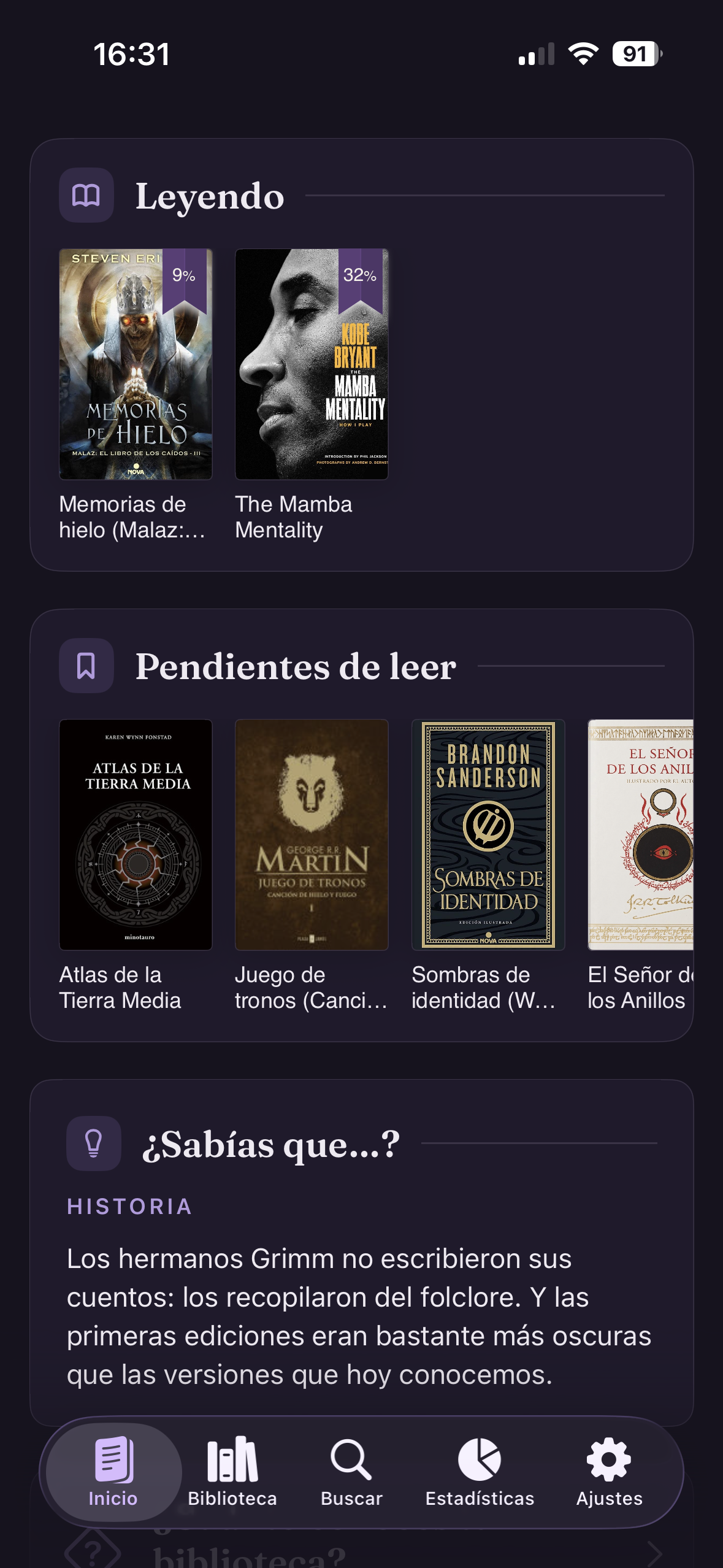 Pantalla de Inicio de Lectu con las secciones Leyendo y Pendientes