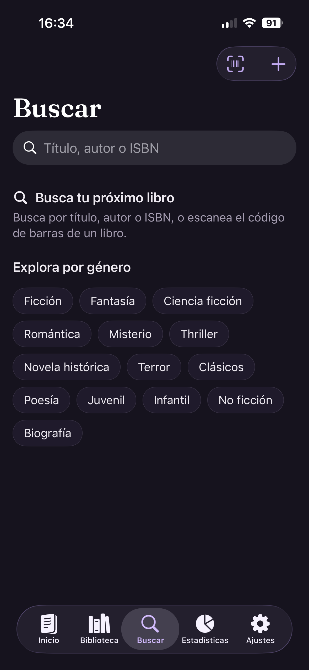 Pantalla de búsqueda con exploración por género