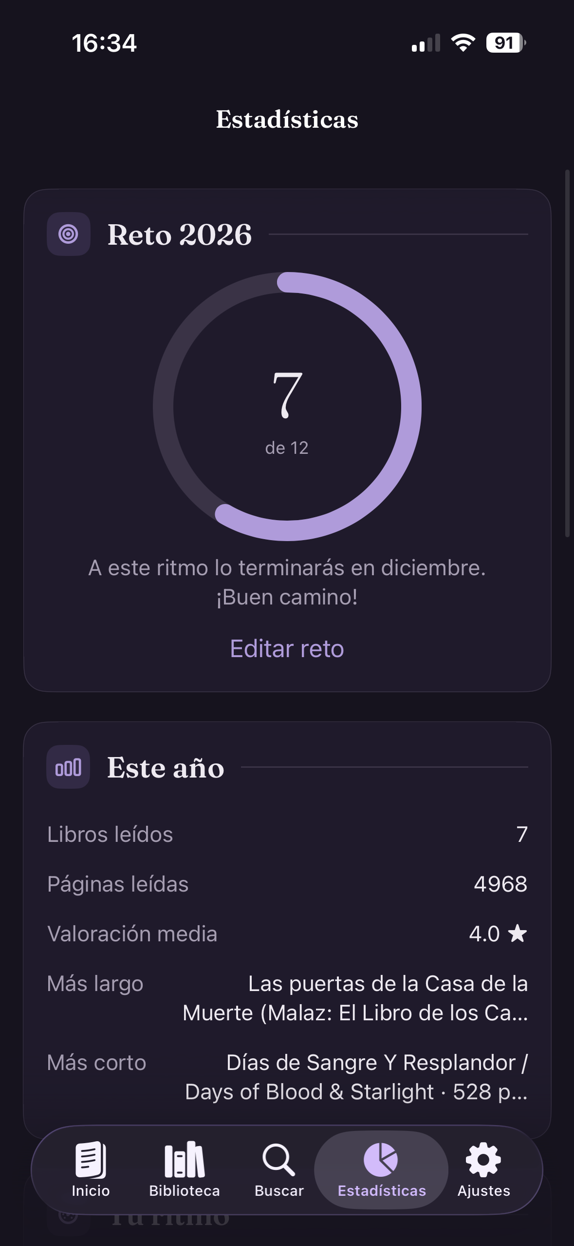 Pantalla de estadísticas con el reto anual